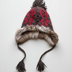 Boho 100% Wool & Alpaca Knit Beanie Faux Fur Pom Pom Fair Isle Gray Brown Red